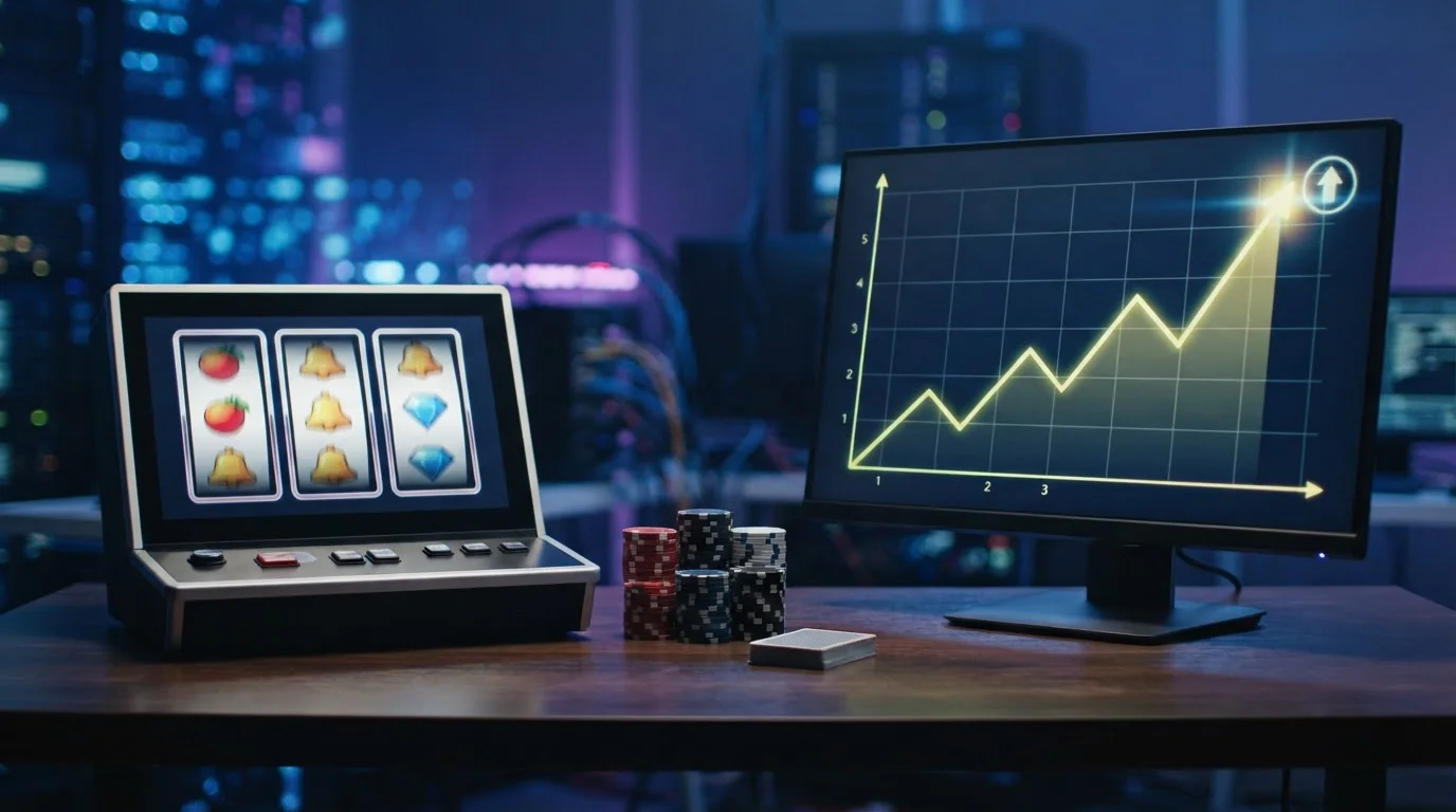 Slot reels beside table-game chips and a rising arcade-style game graph