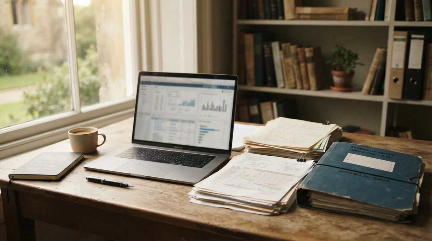Casino records, account papers and a laptop arranged on a research desk