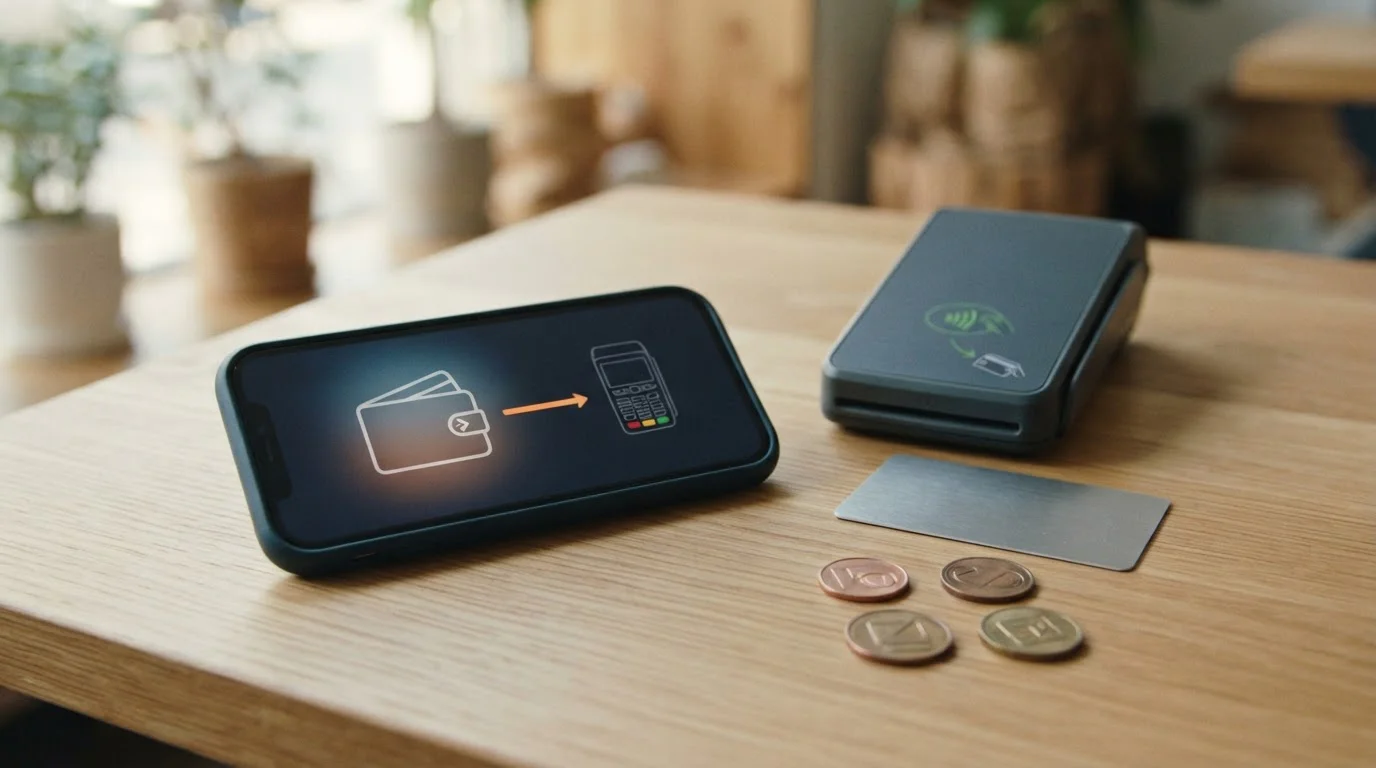 Crypto wallet, bank card and phone arranged beside a simple transaction flow