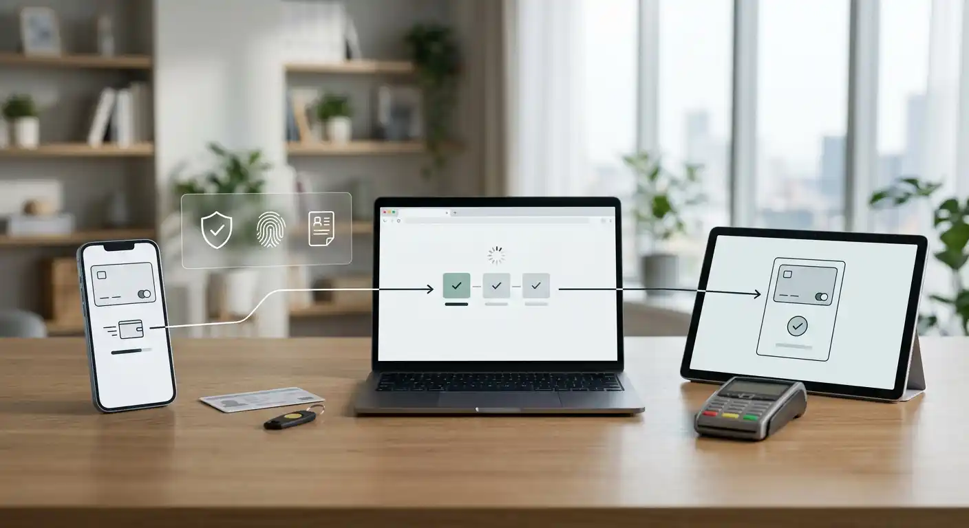 Wallet transfer moving through identity checks and a payment queue
